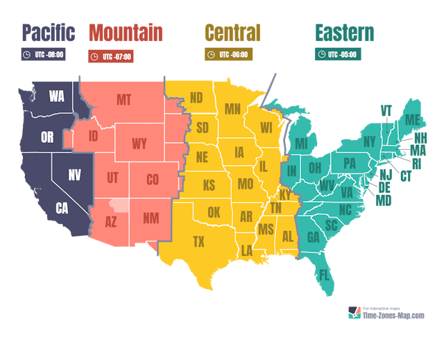 US map showing timezones and state initials