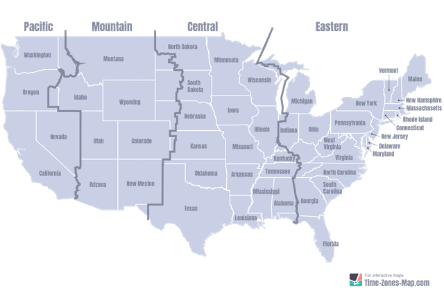 US Map showing the timezone borders