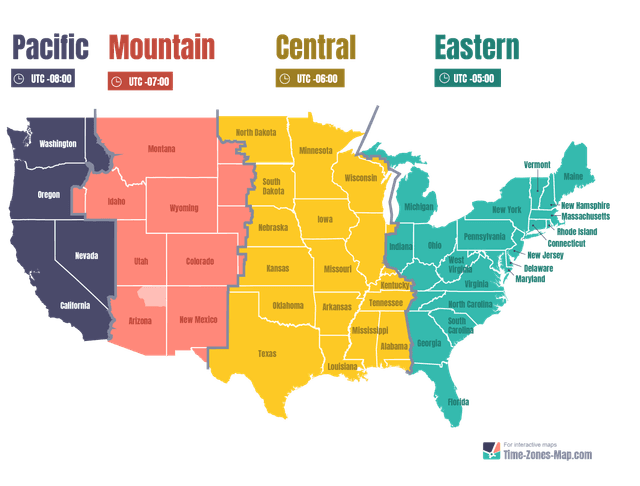 USA Time Zones And Related States