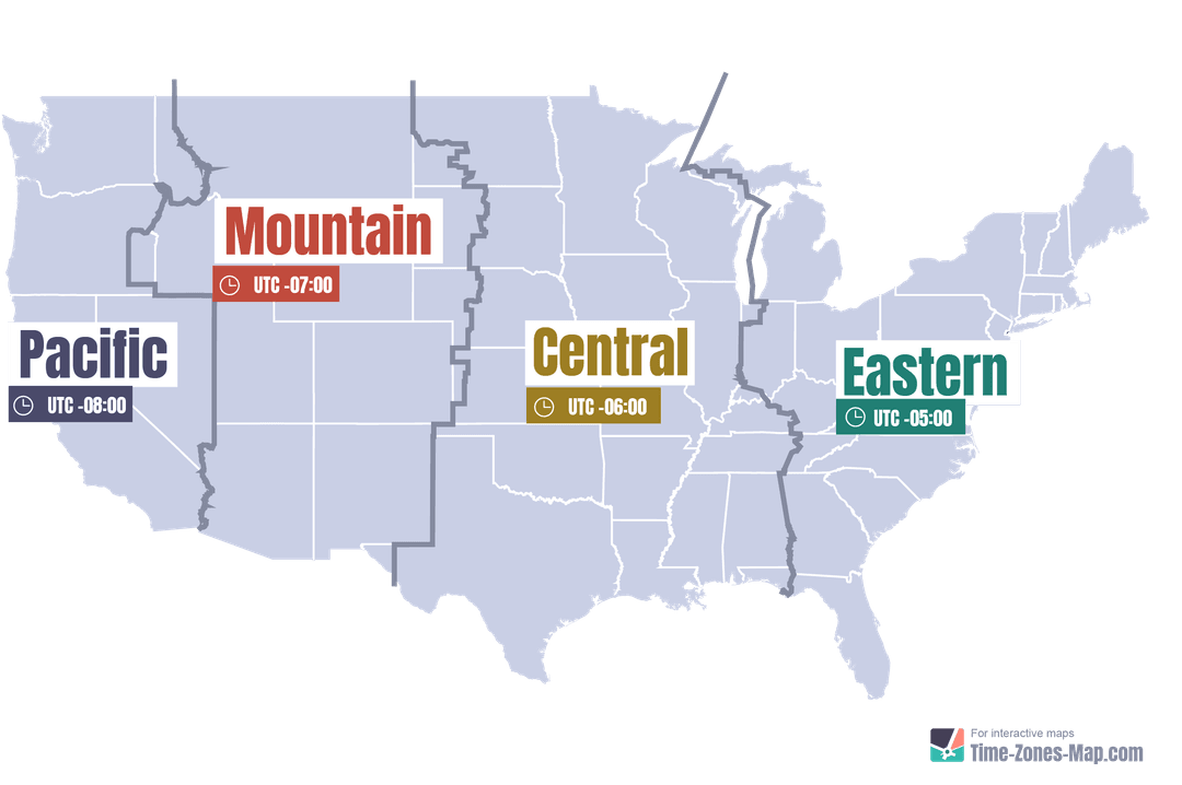 Map of USA Labeled with Timezones