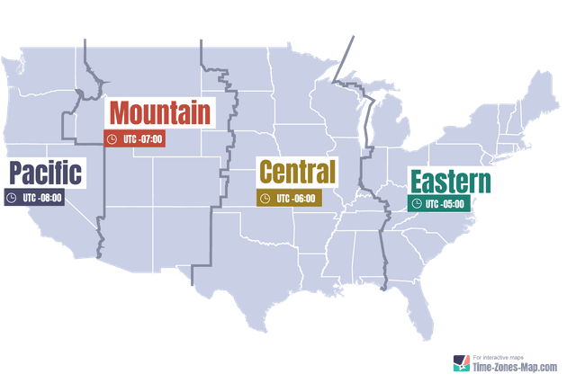 Map of USA with labels and time zones