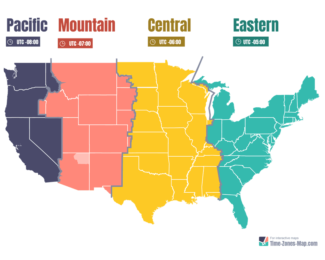 Map of USA with Timezones america eastern time zone now