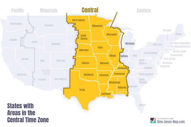 US Map highlighting central timezone