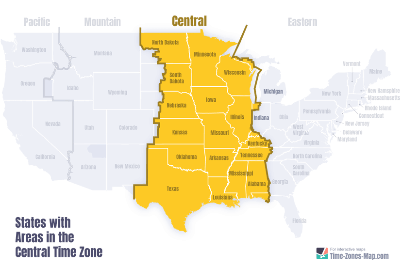 US Map highlighting central timezone
