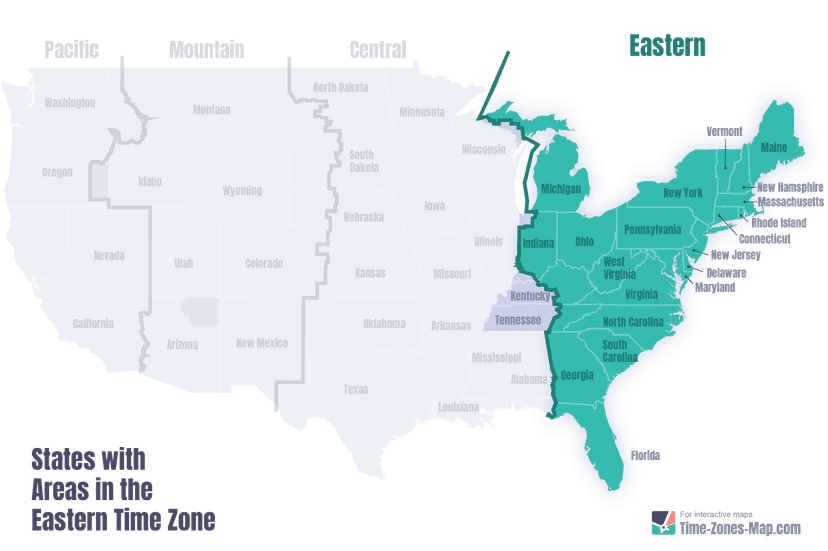 US Map highlighting Eastern timezone