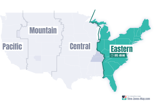 US Map highlighting Eastern timezone without state names