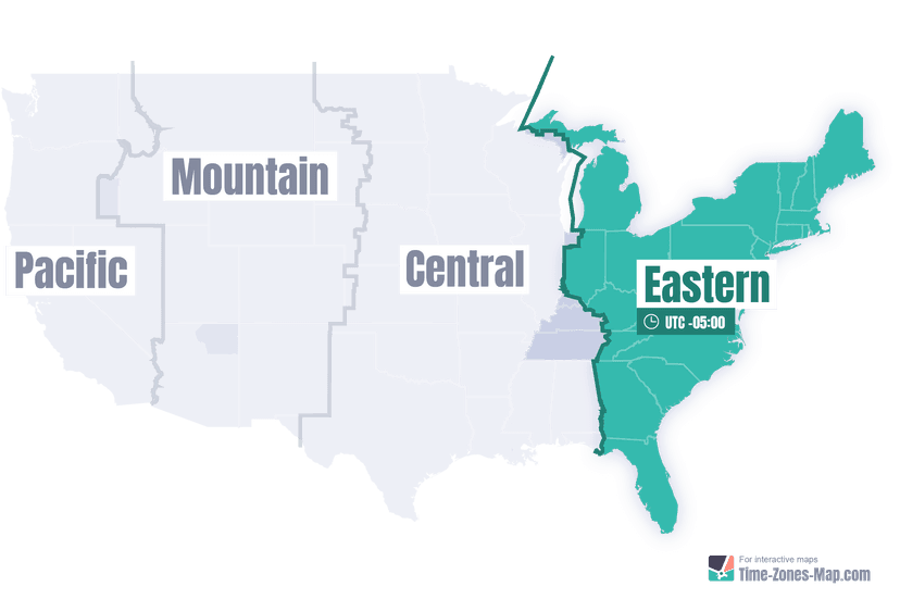US Map highlighting Eastern timezone without state names