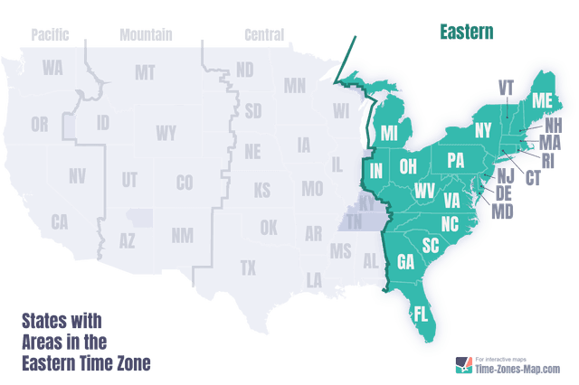 US Map highlighting Eastern timezone with state initials