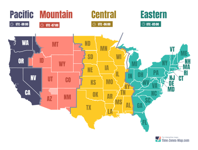 USA Time Zones And Related States