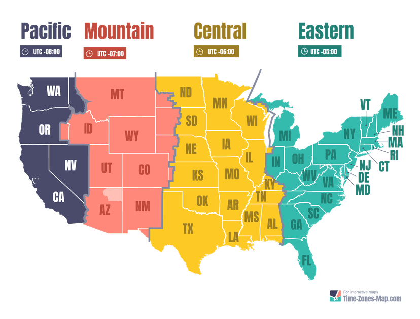 US map showing timezones and state initials