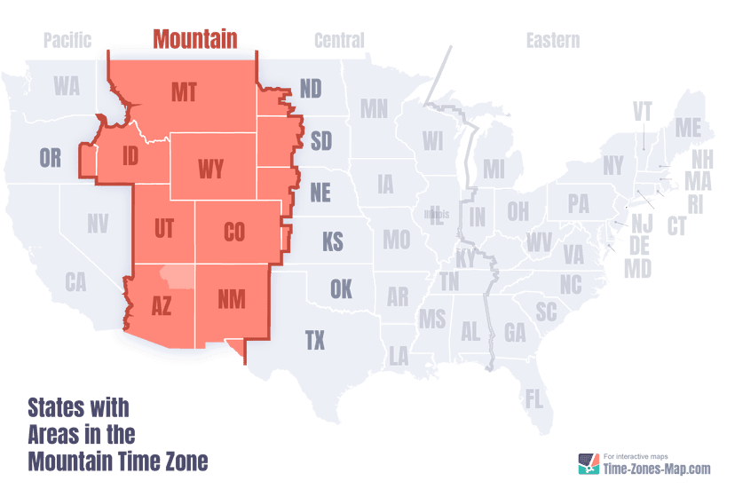 US Map highlighting Mountain timezone with state initials