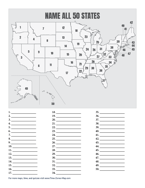 Blank map of the United States of America with numbered states