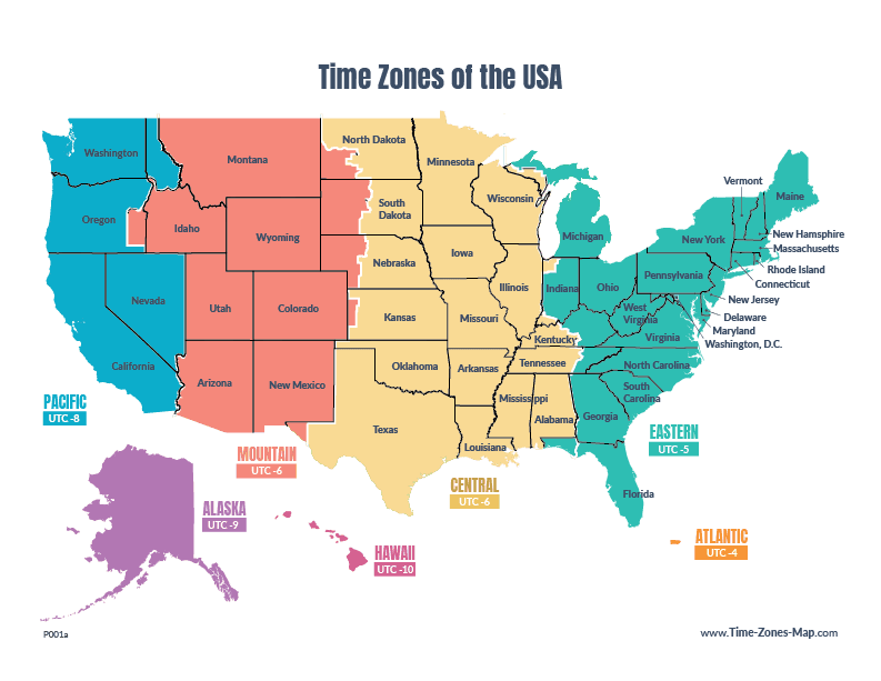 US Map showing timezone borders across US