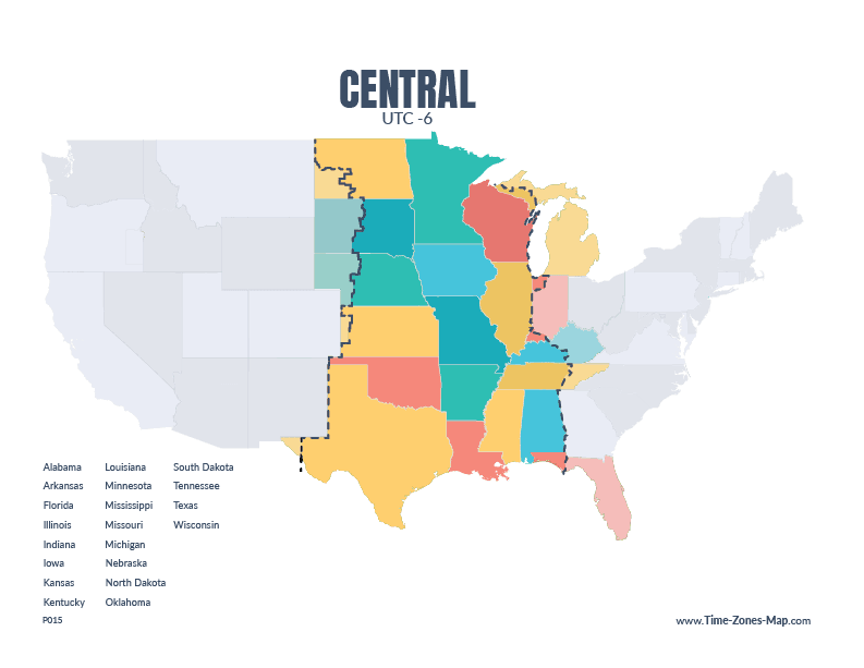US Map highlighting Central time zone without state names