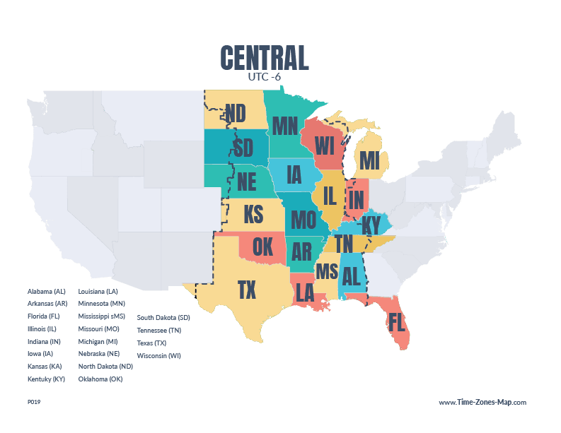 US Map highlighting Central time zone with state initials