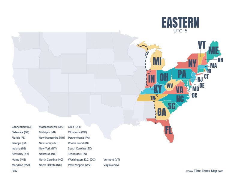 US Map highlighting Eastern timezone with state initials