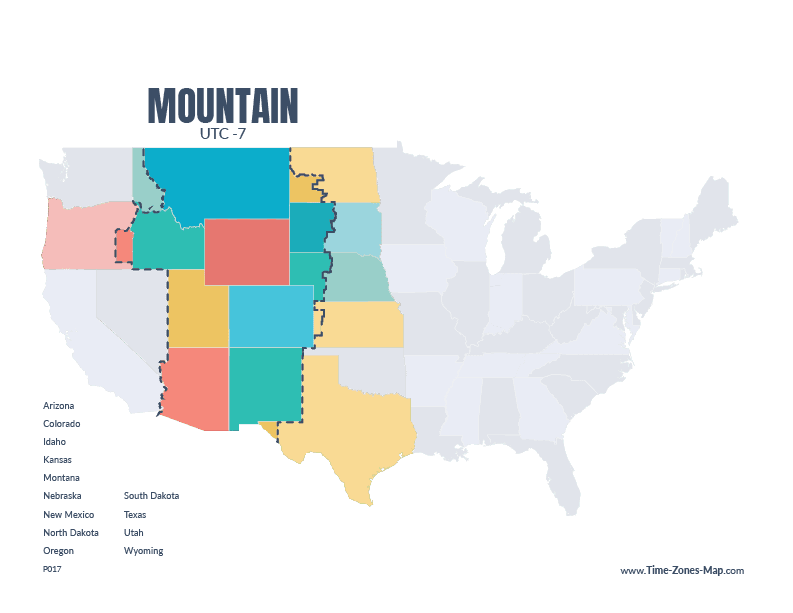 US Map highlighting Mountain time zone without state names