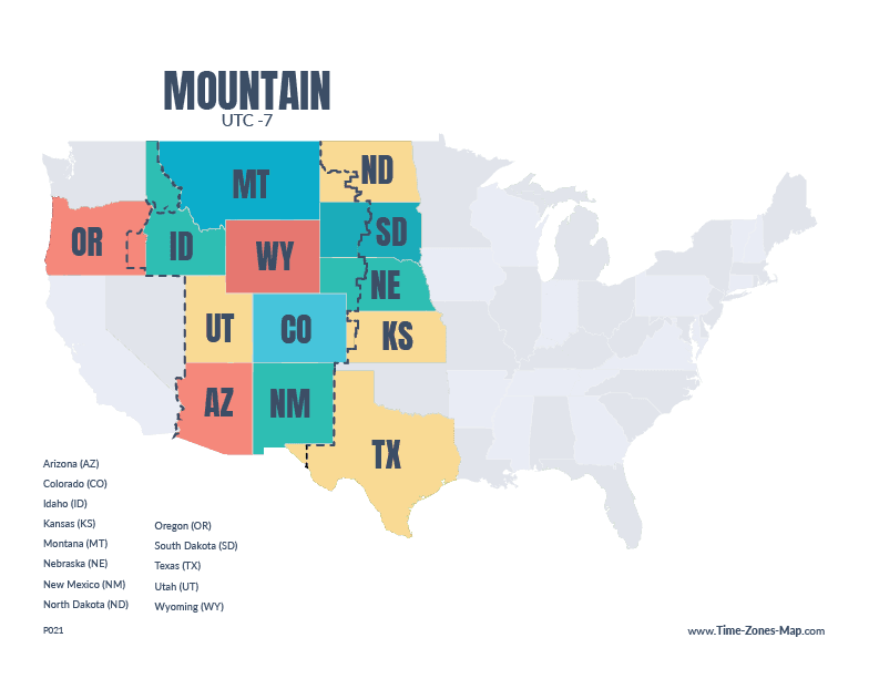 US Map highlighting Mountain time zone with state initials