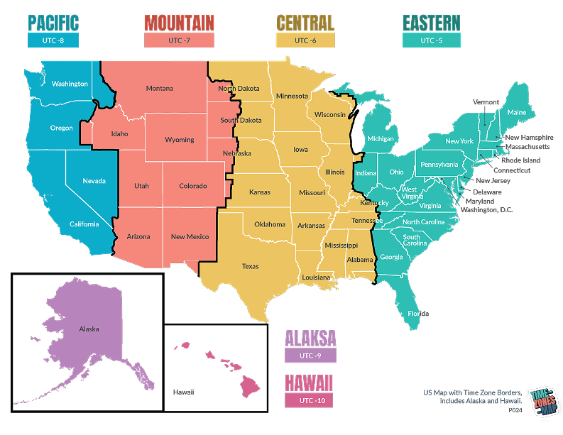 US Map showing timezone borders across US, Hawaii and Alaska