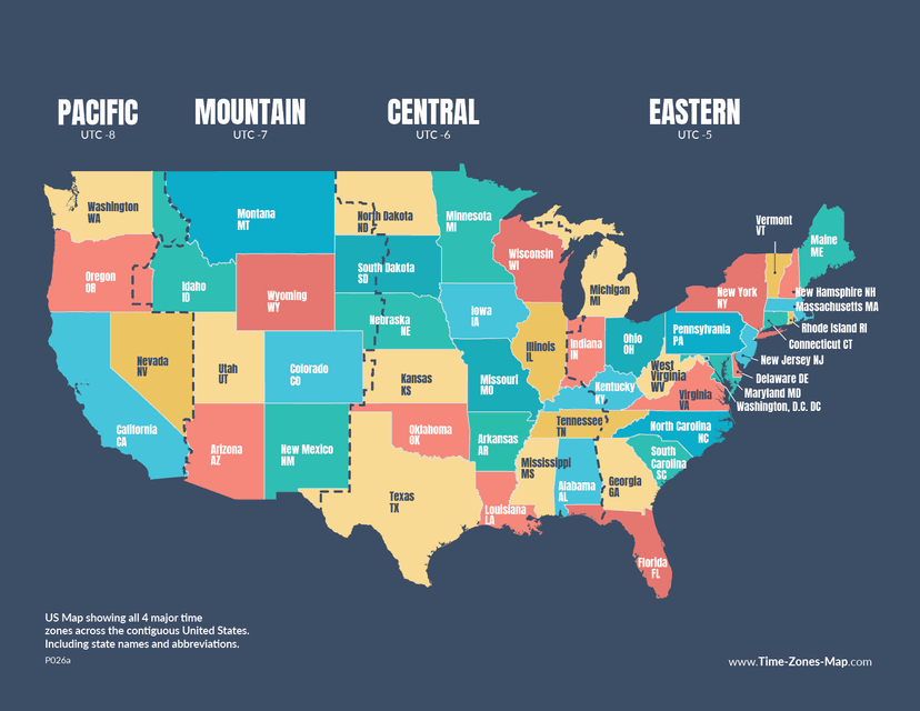 US Map showing timezone borders across US