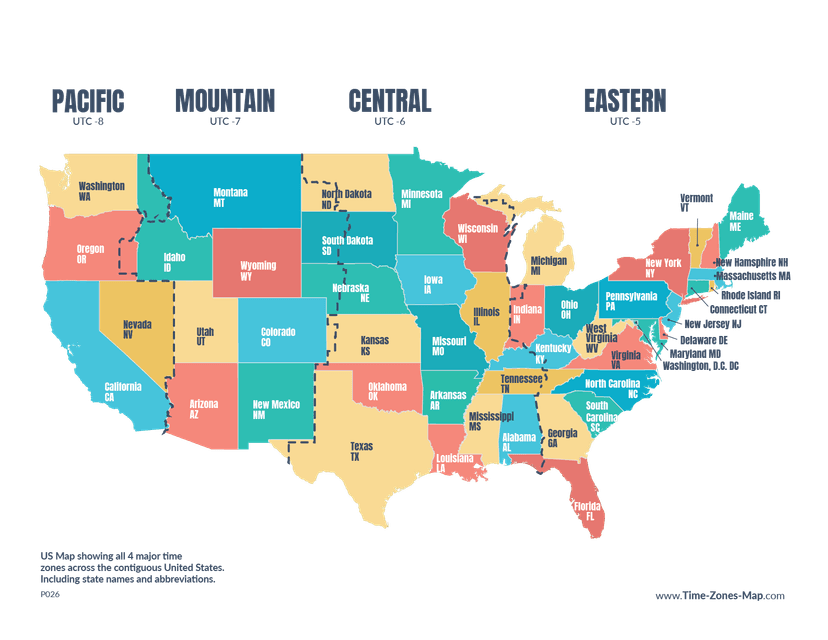 US Map showing timezone borders across US