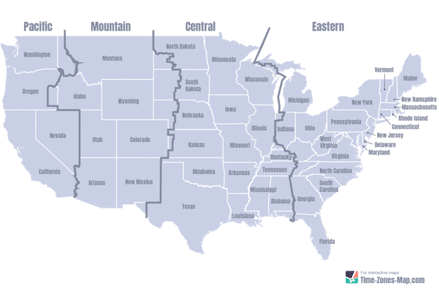 US Map showing the timezone borders