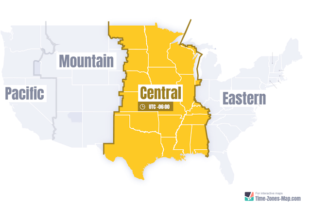 US Map highlighting Central timezone without state names