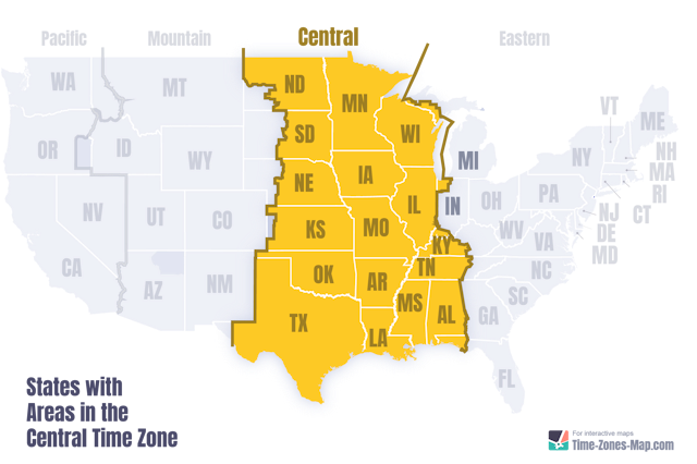 US Map highlighting Central timezone with state initials