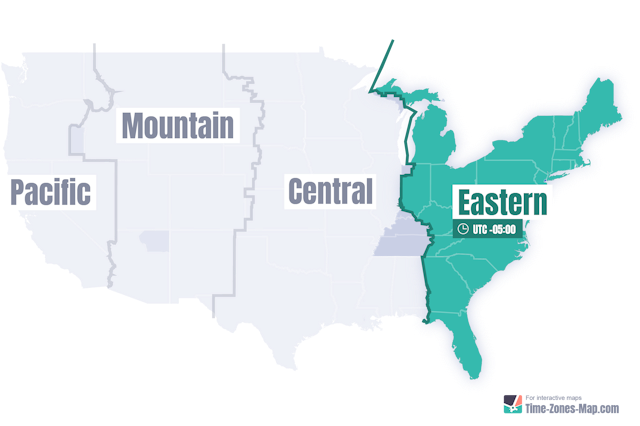US Map highlighting Eastern timezone without state names