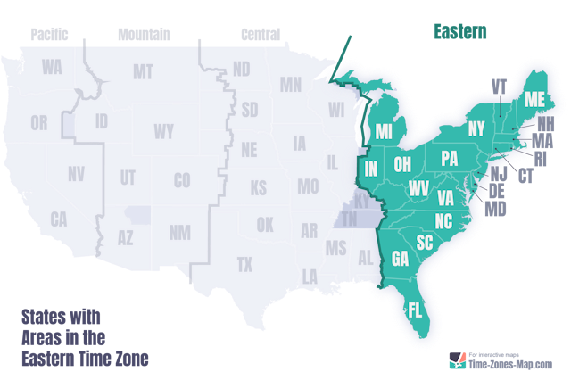US Map highlighting Eastern timezone with state initials