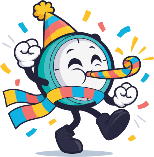 Timey mascot having fun blowing on party blower